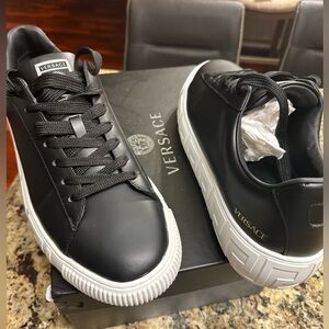 Versace Black Leather Low-Top Sneakers with White Soles
